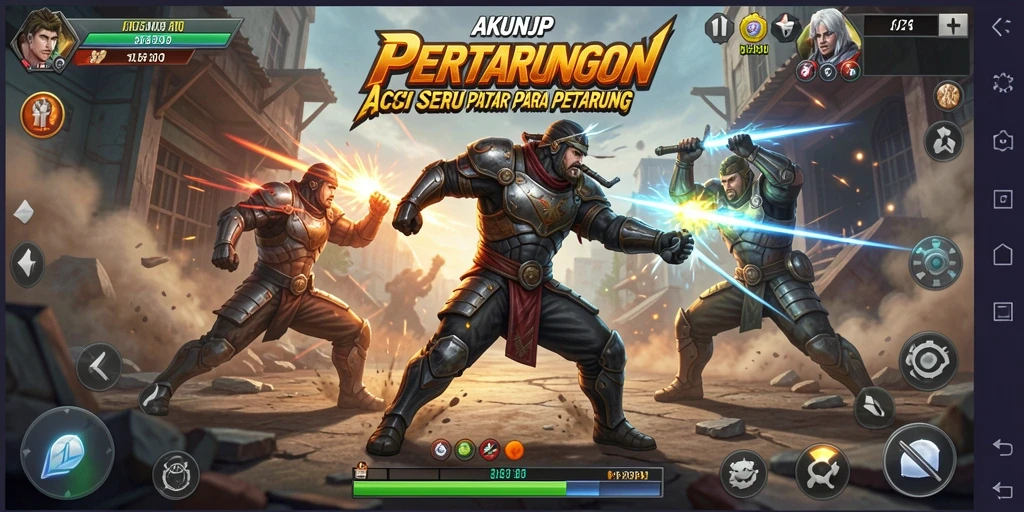 Tangkapan layar utama AKUNJP menampilkan aksi pertarungan yang intens.
