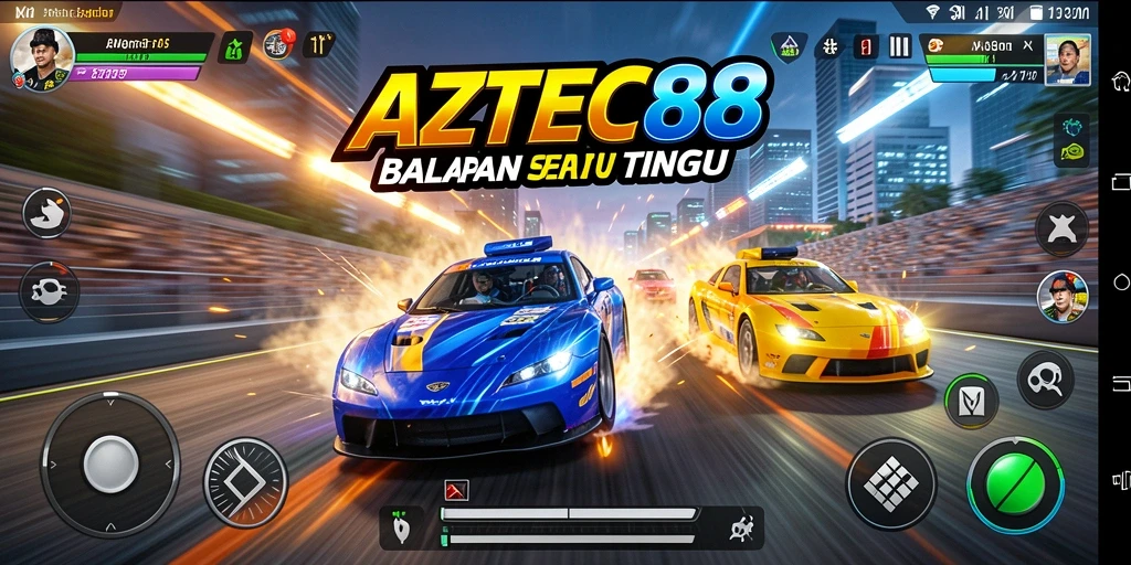Screenshot gameplay AZTEC88 dengan aksi balapan mendebarkan.