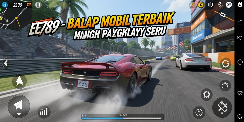 Screenshot gameplay EE789 menampilkan balapan mobil yang seru dan intens.