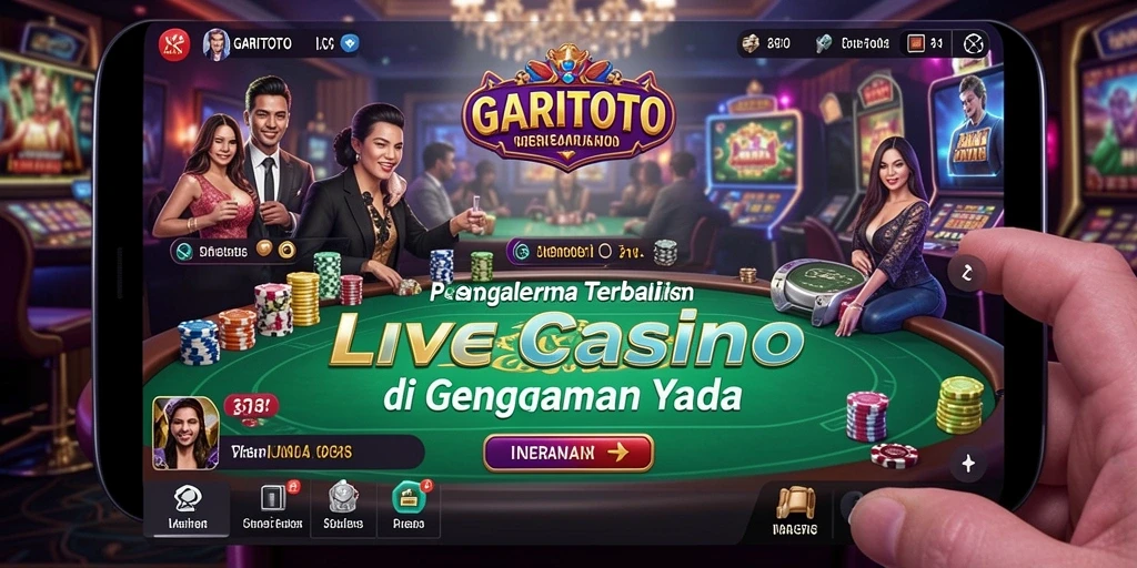 Screenshot gameplay GARITOTO menampilkan dealer dan pemain dalam suasana kasino langsung.