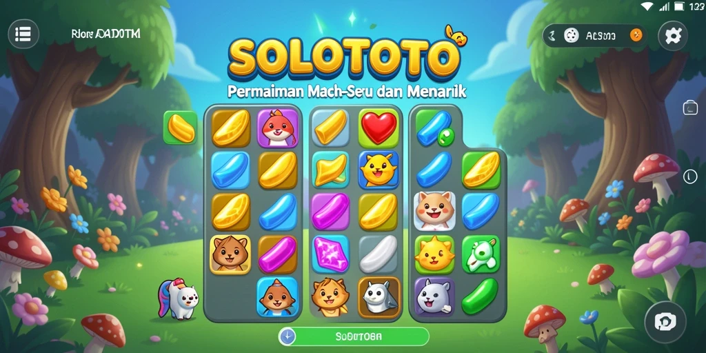 Tangkapan layar gameplay SOLOTOTO menunjukkan suasana permainan Match-3 yang ceria.