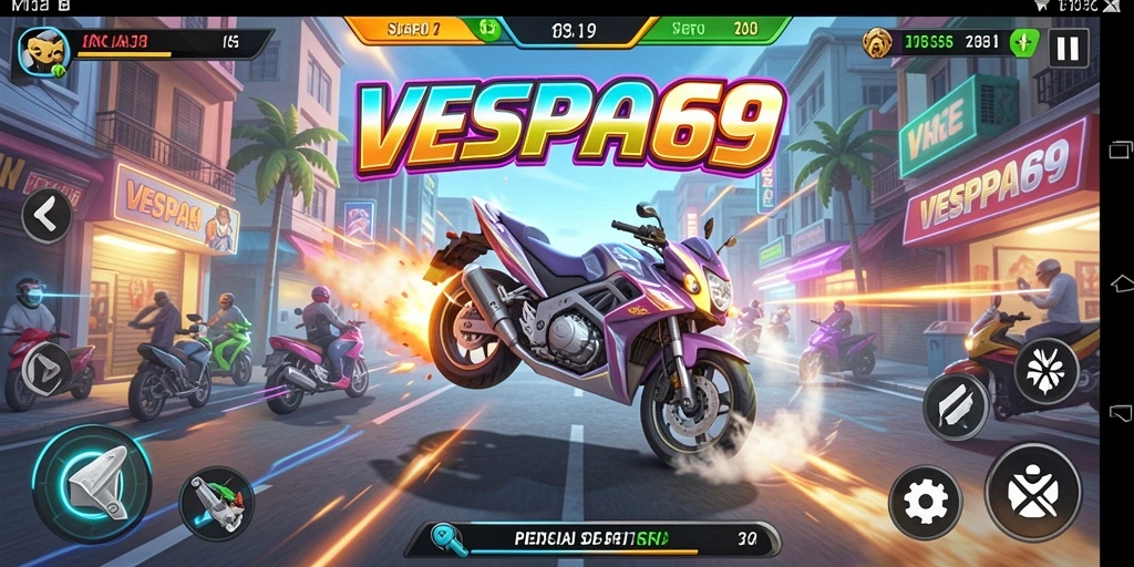 Tangkapan layar VESPA69 menunjukkan gameplay seru dan penuh warna.